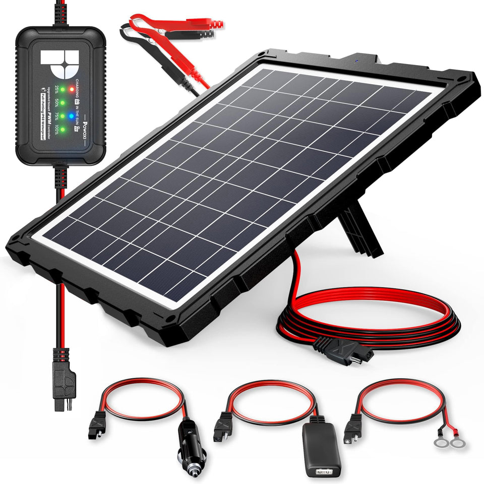 POWOXI 20W solar panel on mount keeps 12V battery charged outdoors