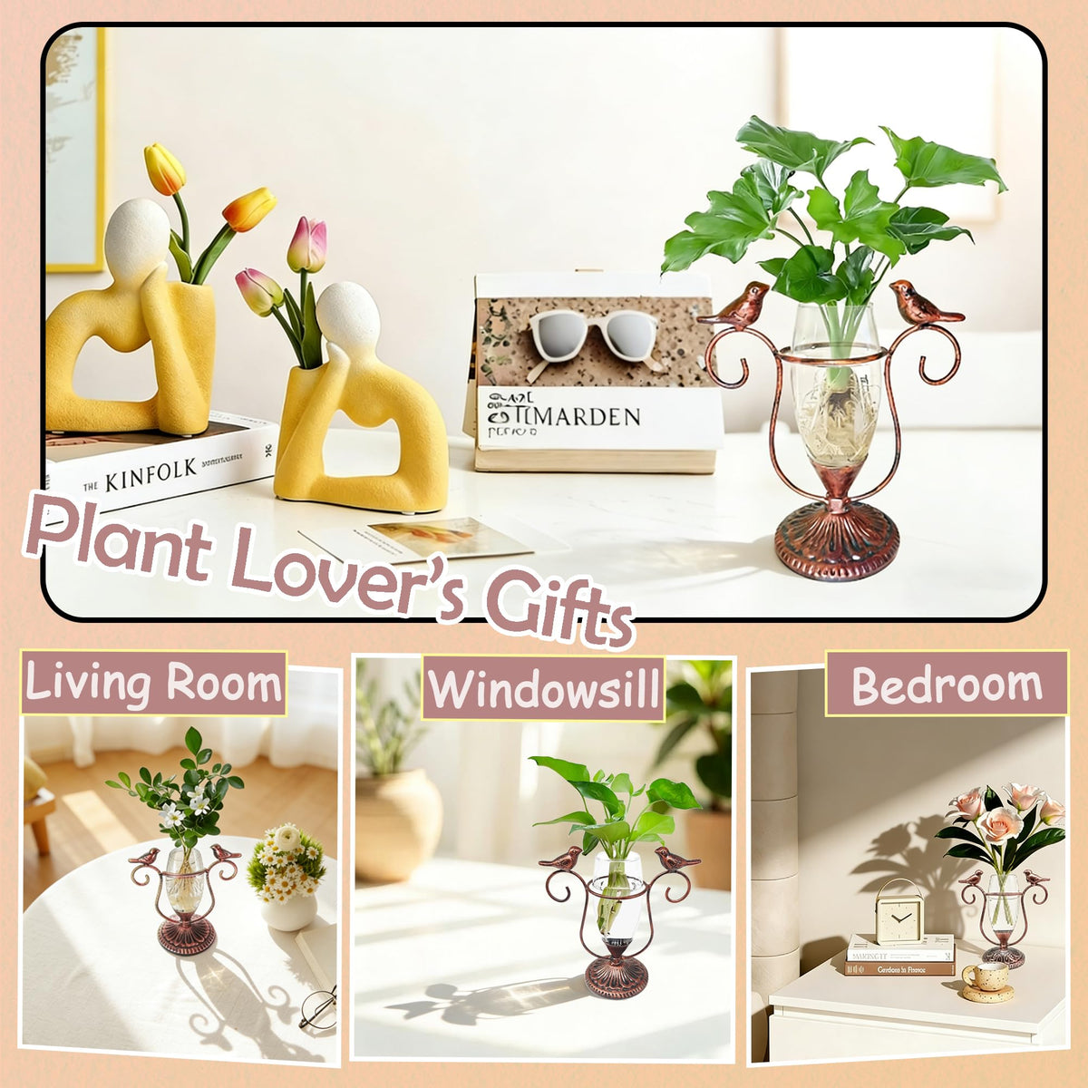 POXOHO glass terrarium propagation vase with copper bird for easy plant cuttings display.