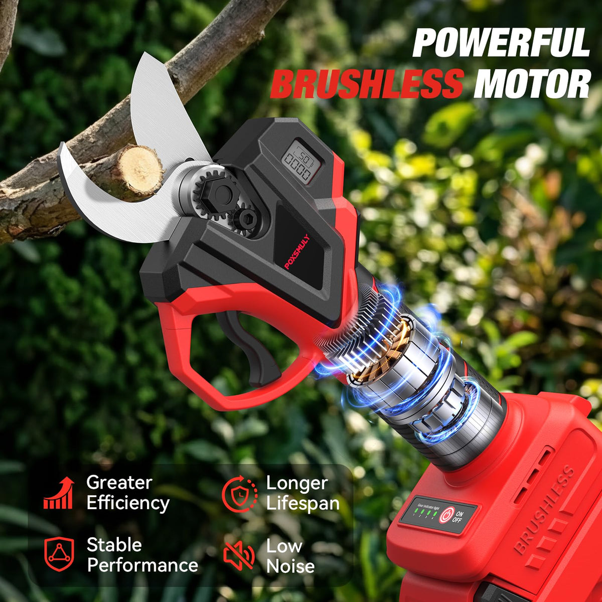 Poxsmuly cordless pruner with brushless motor for longer life and quieter operation