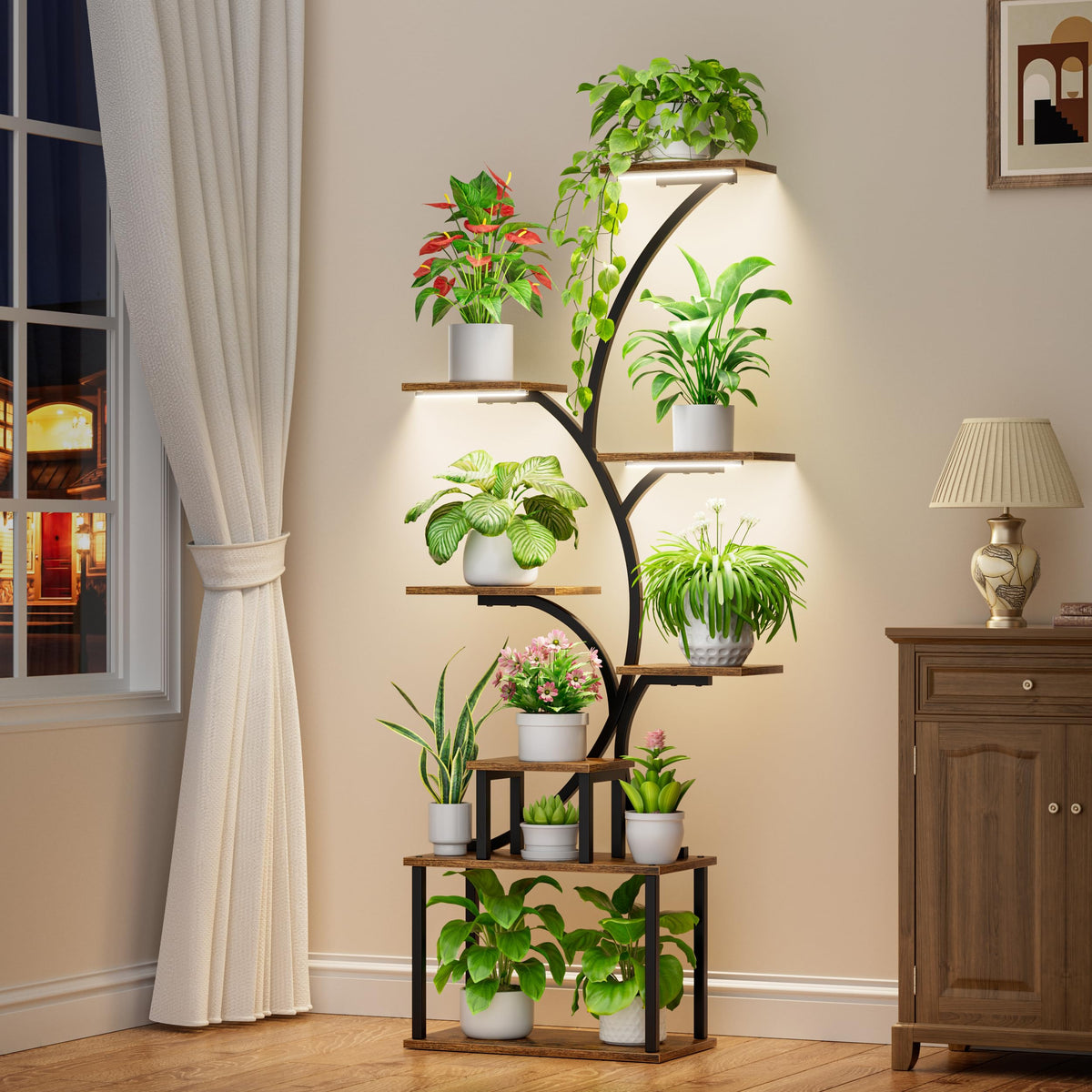 POZILAN tree-shaped plant stand with grow lights enhances indoor greens