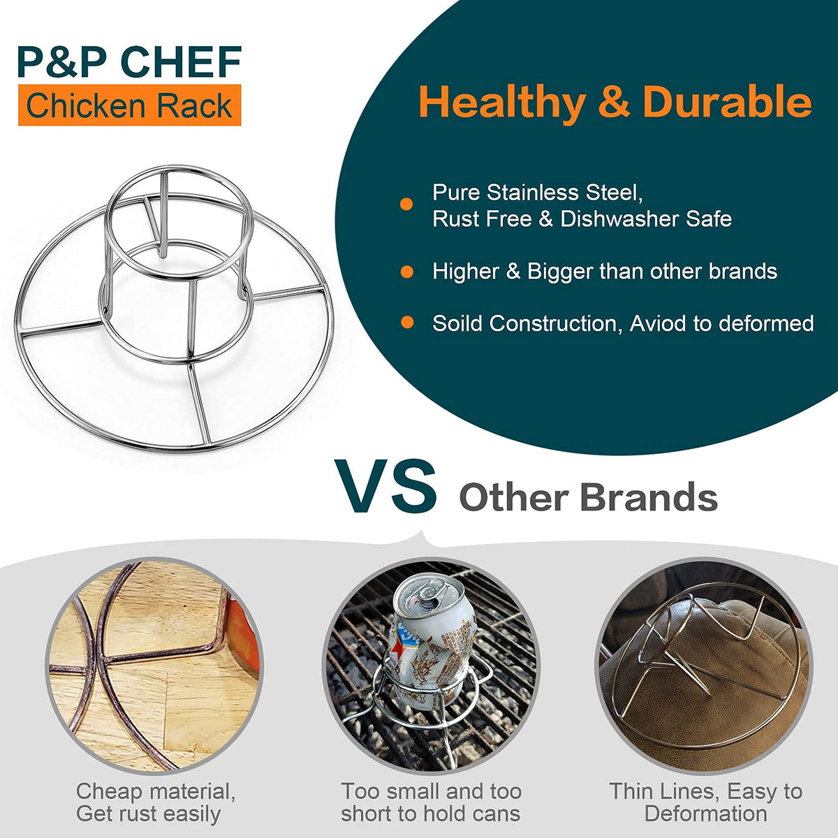P&P CHEF center frame 3-5 inch elevates chicken for even heat distribution.