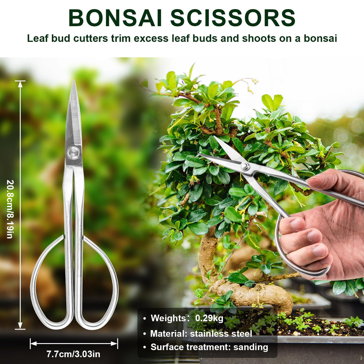ppkbbeb bonsai tool set in use pruning a miniature tree.
