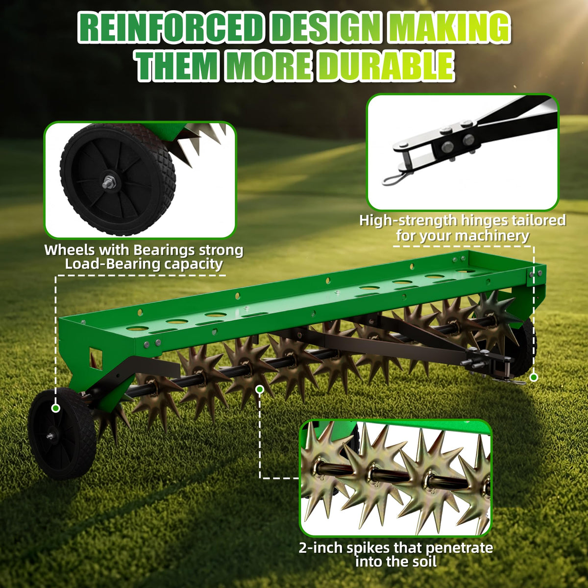PPOLB aerator in use on a lawn, practical yard and farm-friendly design