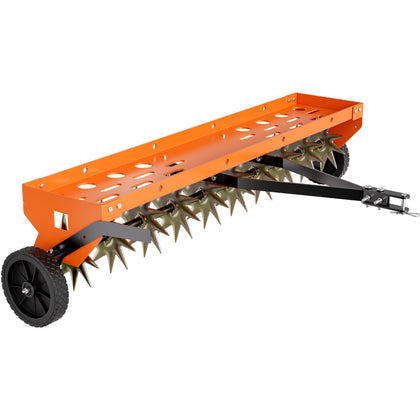 PPOLB 48" Spike Aerator in action with spikes penetrating soil for lawn aeration.