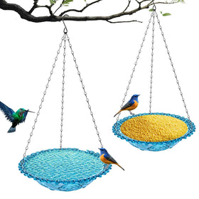 PQSQRJU blue glass bird bath hanging for attractive garden water source.