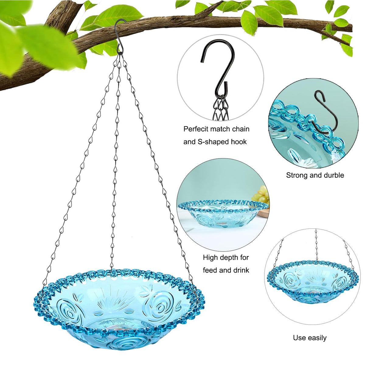 PQSQRJU blue glass bird feeder hanging to invite feathered visitors.