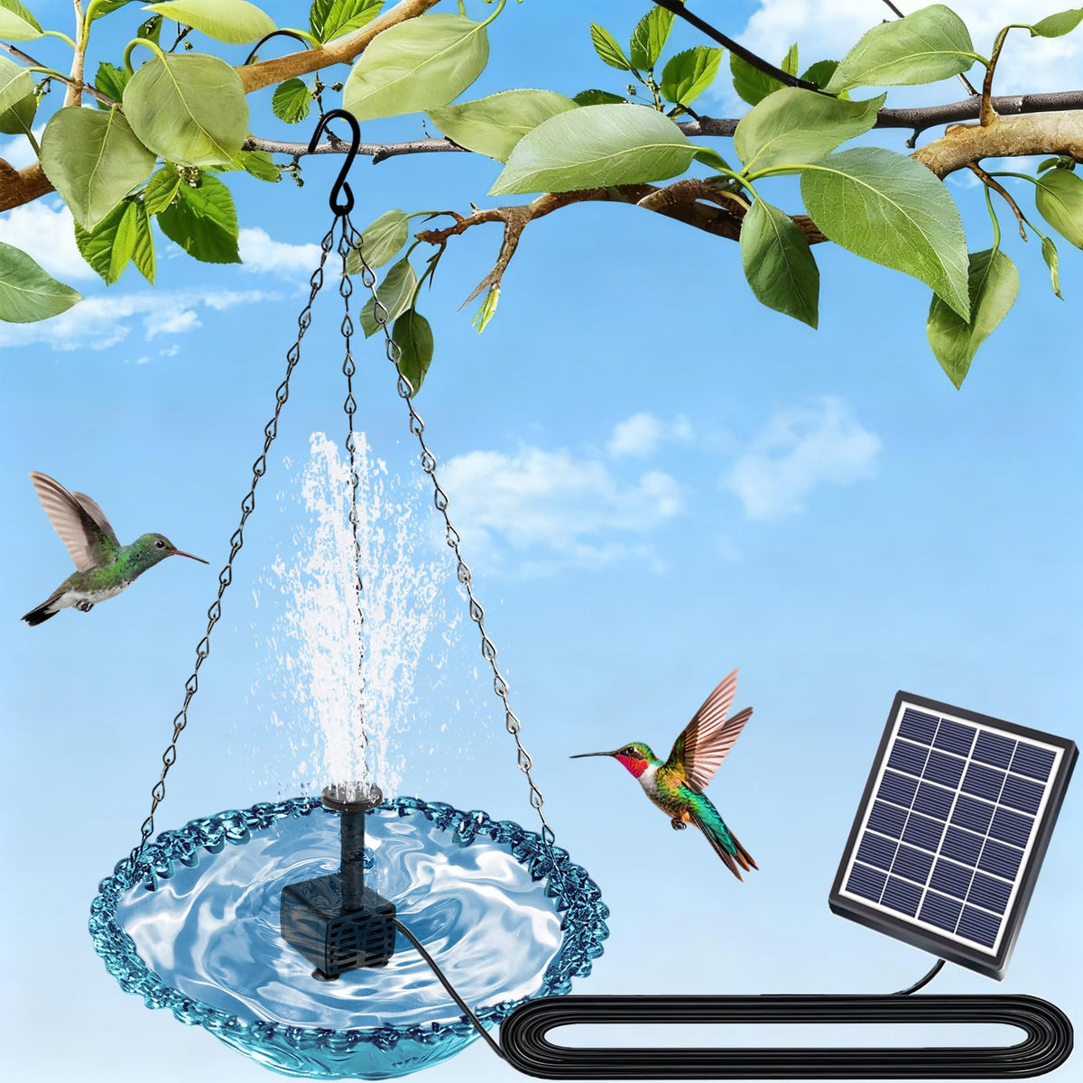 PQSQRJU pqsqrju-solar-bird-bath-hanging-fountain illustration attracts birds.