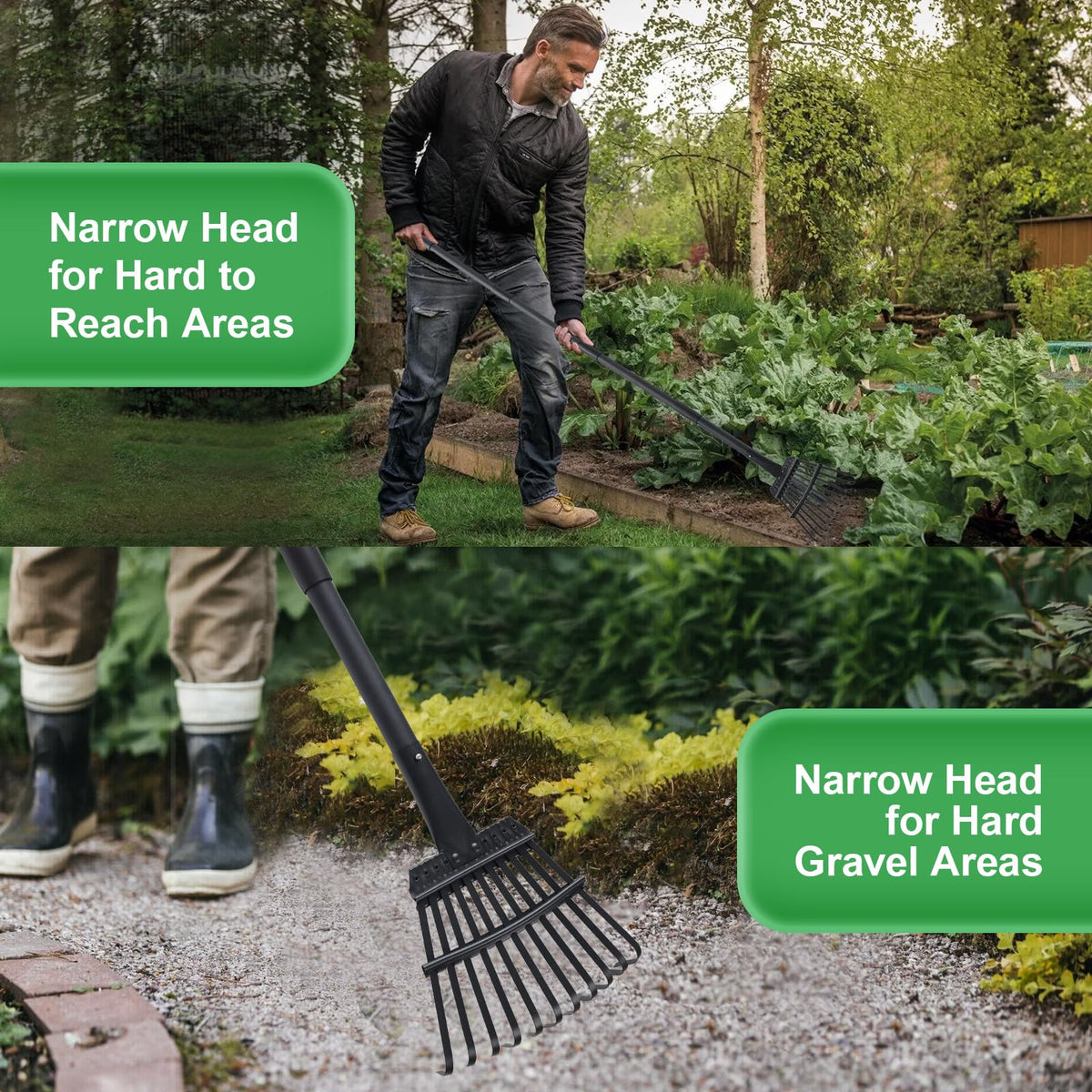 Pragmatist rake showing 63-inch adjustable handle for comfortable use.