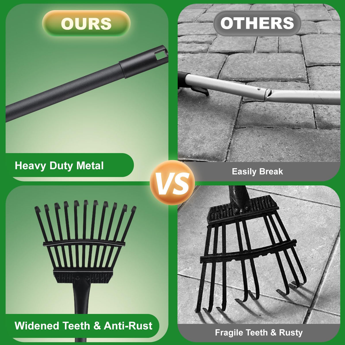 Pragmatist rake features rust-proof stainless steel handle for durability.
