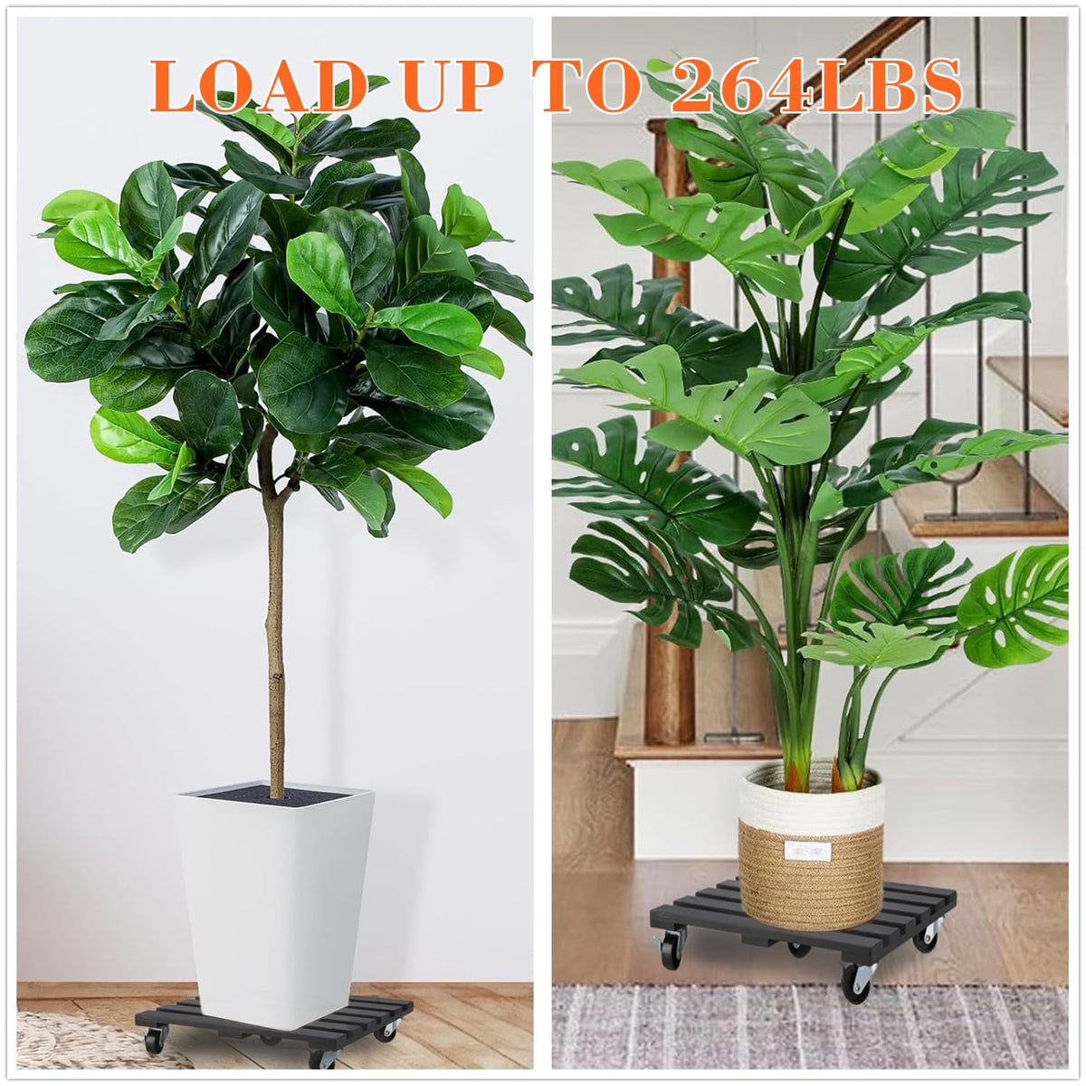 PRAQECZ heavy-duty wooden plant caddy supports large pots with durable construction.