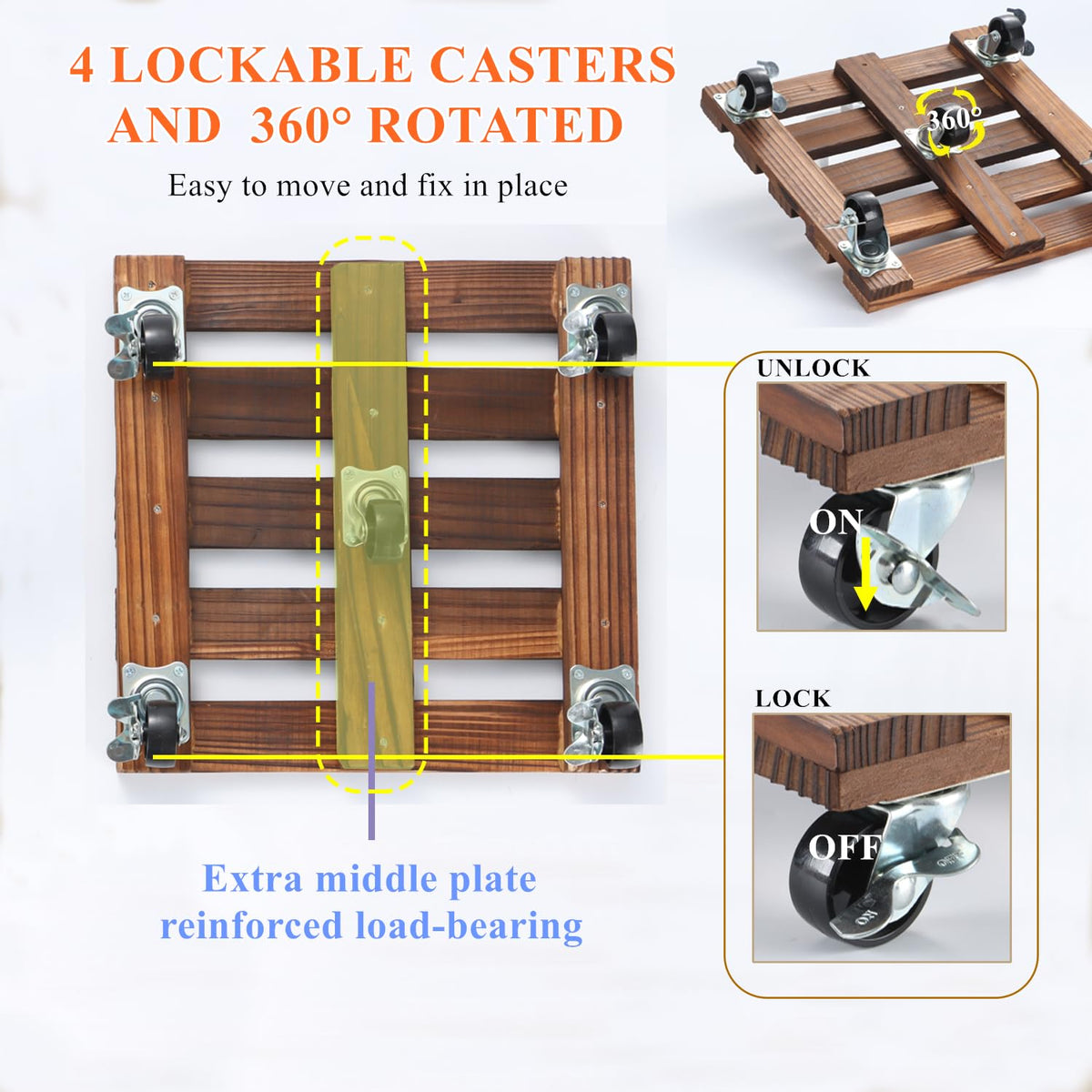 PRAQECZ heavy-duty wooden dolly supports tall pots and trees.