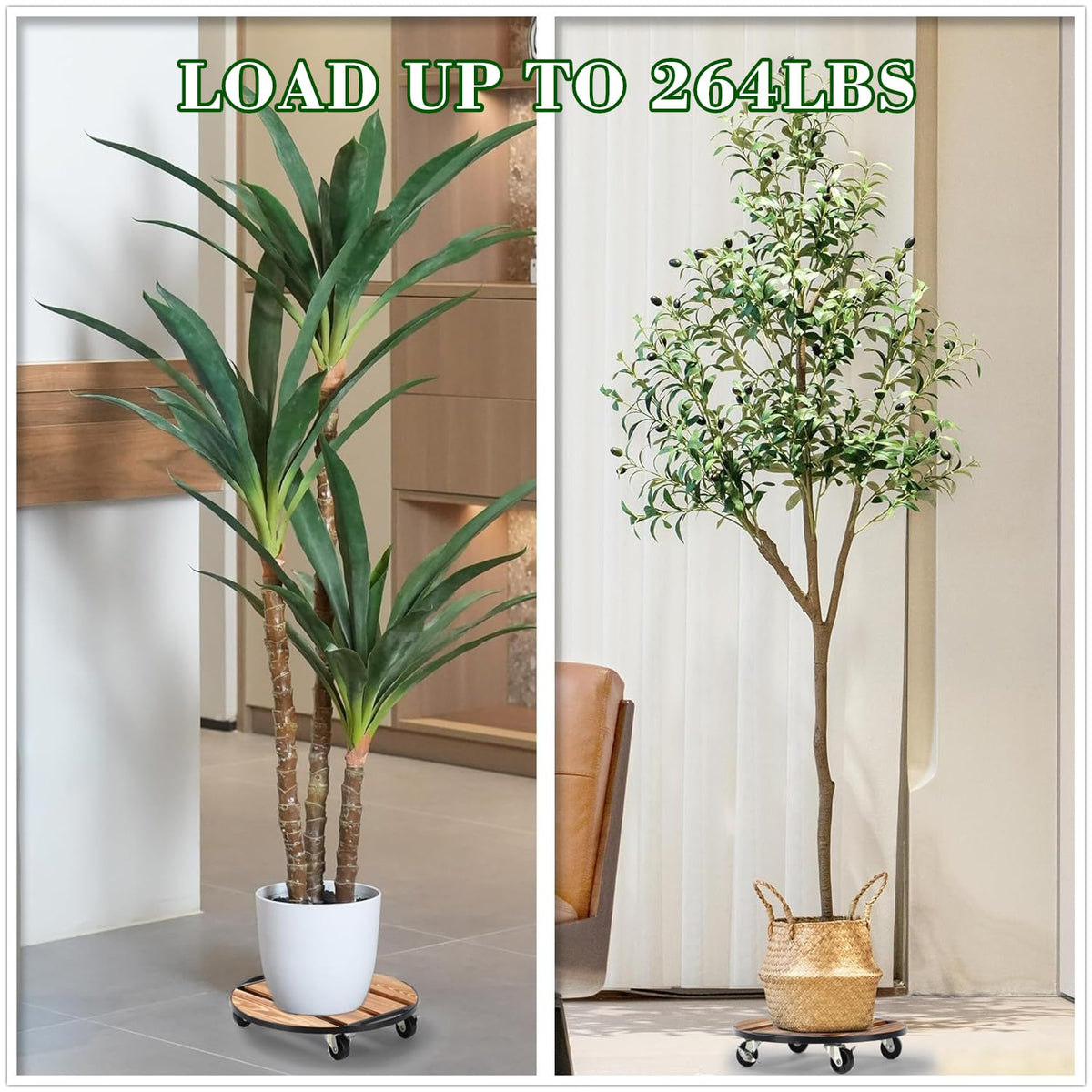 PRAQECZ iron and wood round plant dolly supports large pots.