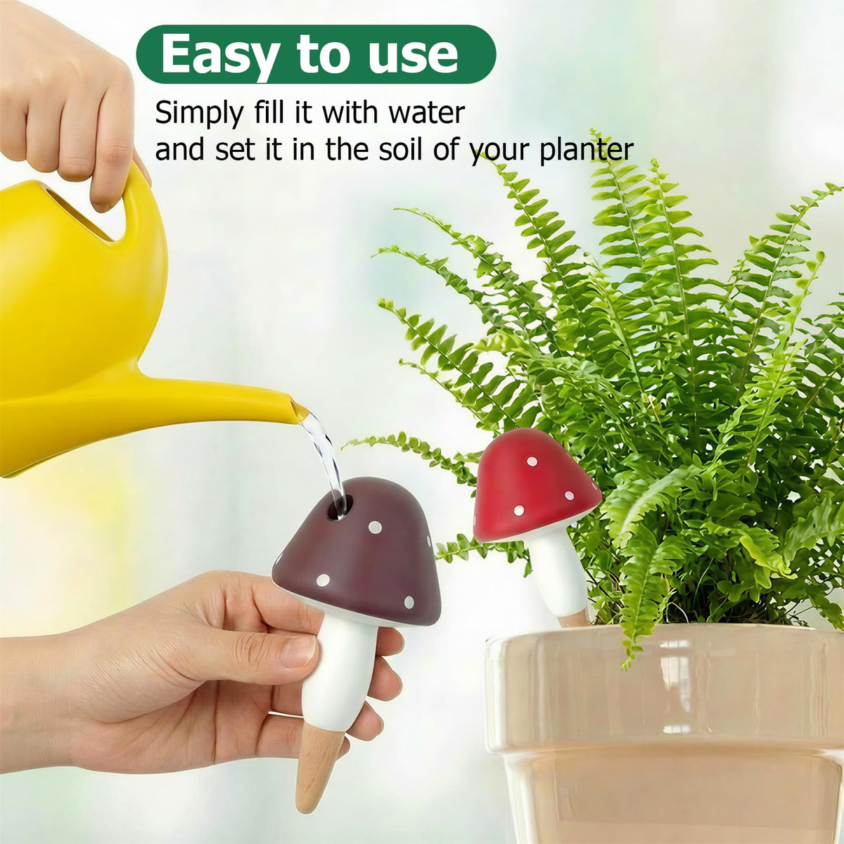 Prashent terracotta spikes provide steady irrigation for outdoor planters