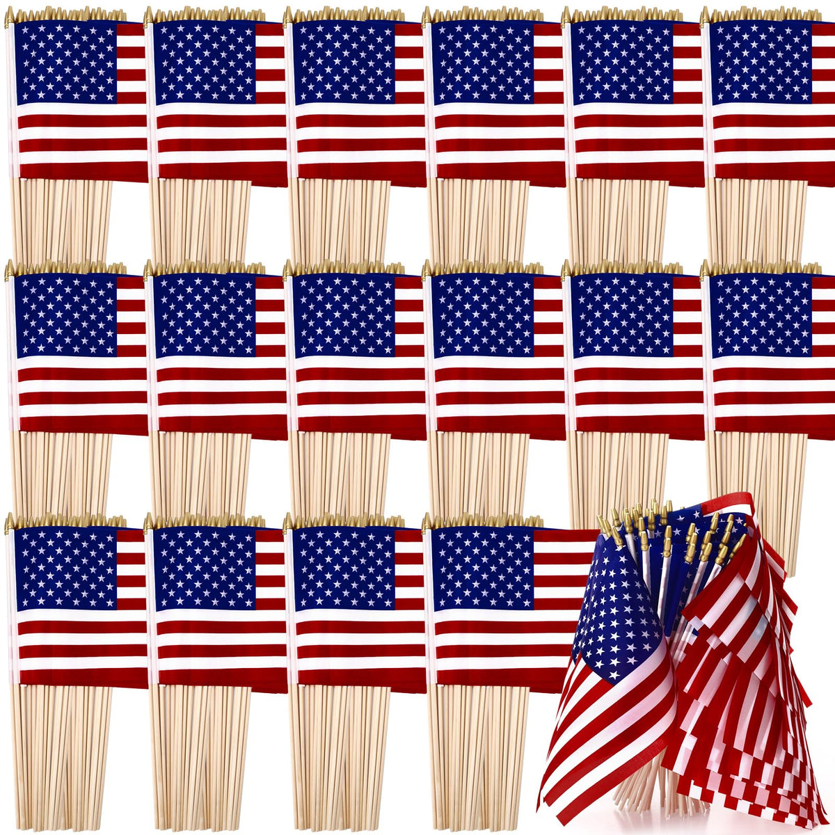 Preboun American flag on stick 8x12 inches for event decor and patriotic celebrations.