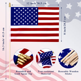 Preboun US flag on stick with classic design, perfect for parades.