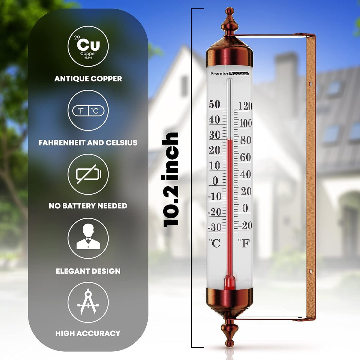 Premier Products steel outdoor thermometer with a large dial for easy patio readings.