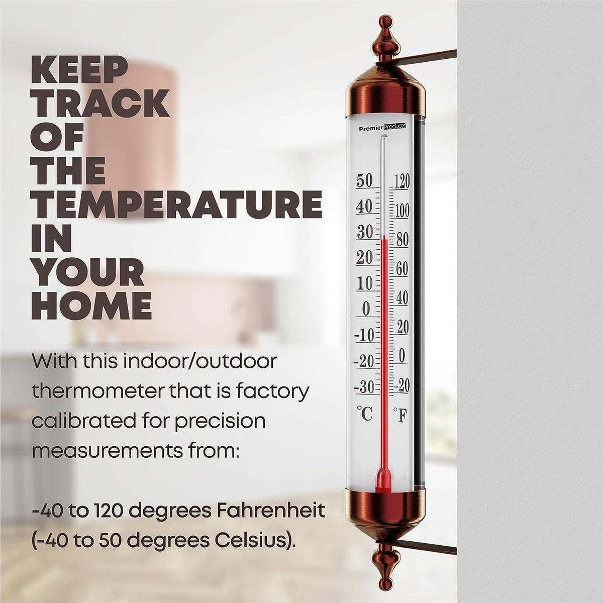 Premier Products wall-mount decorative thermometer provides indoor charm with clear temperature display.