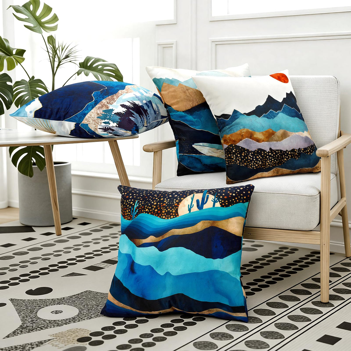 Premillow outdoor pillow covers Sunset Blue Hill side view for colorful outdoor seating.