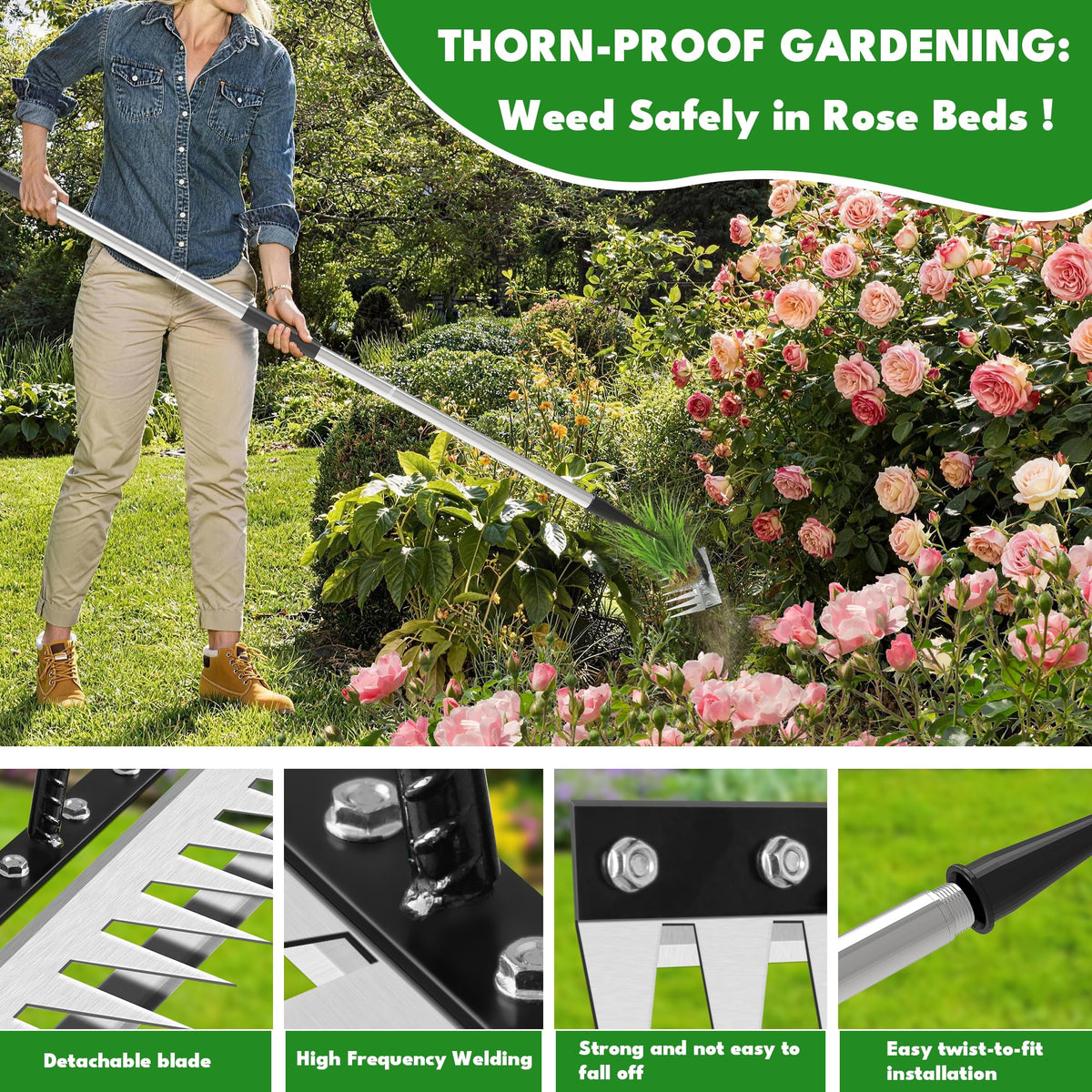 Premjin multi-task gardening tool helps weed, trench, plant bulbs, and clear debris.