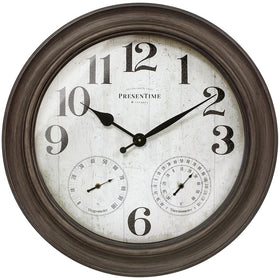 Presentime Clifton 26in clock front view with weather station and grey oak finish.