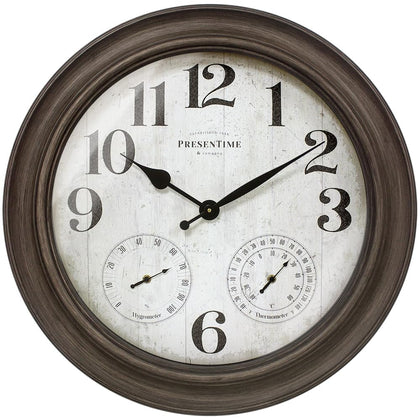 Presentime Clifton 26in clock front view with weather station and grey oak finish.