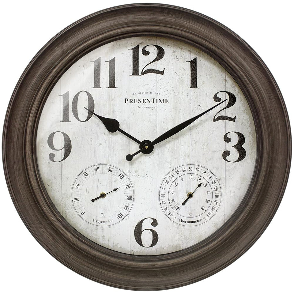 Presentime Clifton 26in clock front view with weather station and grey oak finish.