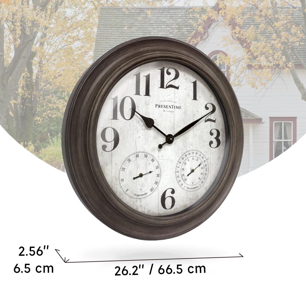 Presentime Clifton 26in outdoor ready clock mounted on wall.