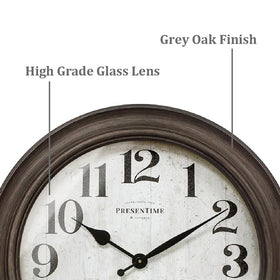 Presentime Clifton 26in clock side view showing durable frame for indoor or covered outdoor use.