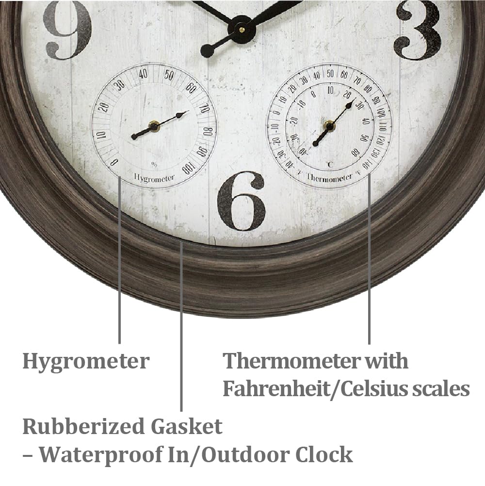 Presentime Clifton 26in clock thermometer detail displaying Fahrenheit and Celsius readings.