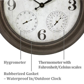 Presentime Clifton 26in clock thermometer detail displaying Fahrenheit and Celsius readings.