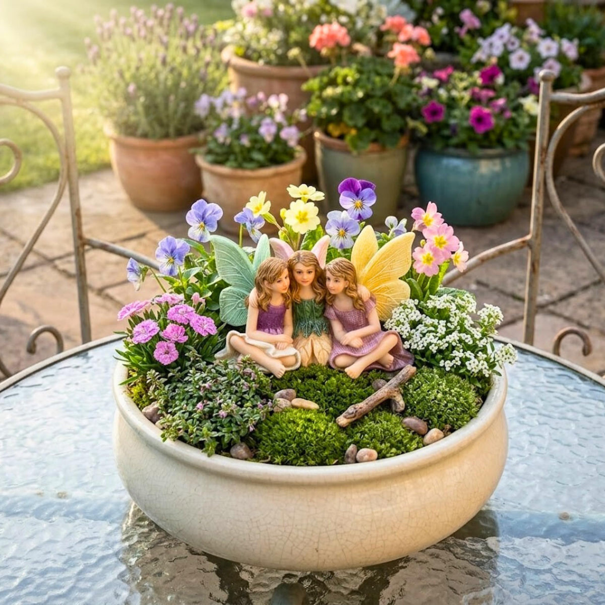 PRETMANNS fairies sitting sisters closeup—durable resin details for a vivid village scene.