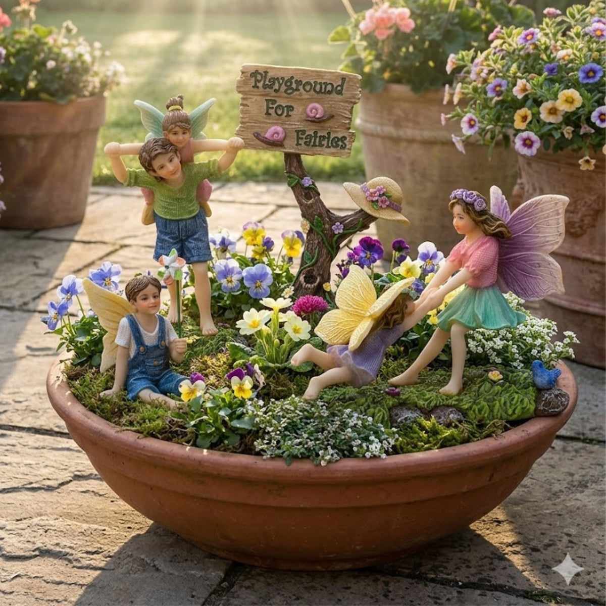 Pretmanns outdoor indoor fairy garden display with versatile miniature figurines.