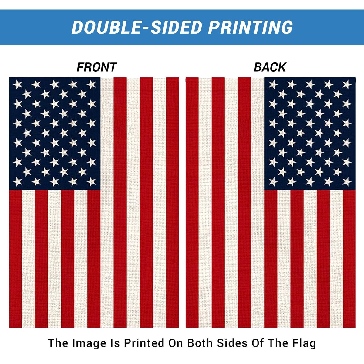 Pretty Jessie burlap flag with stitched edges highlighting durable outdoor decor.