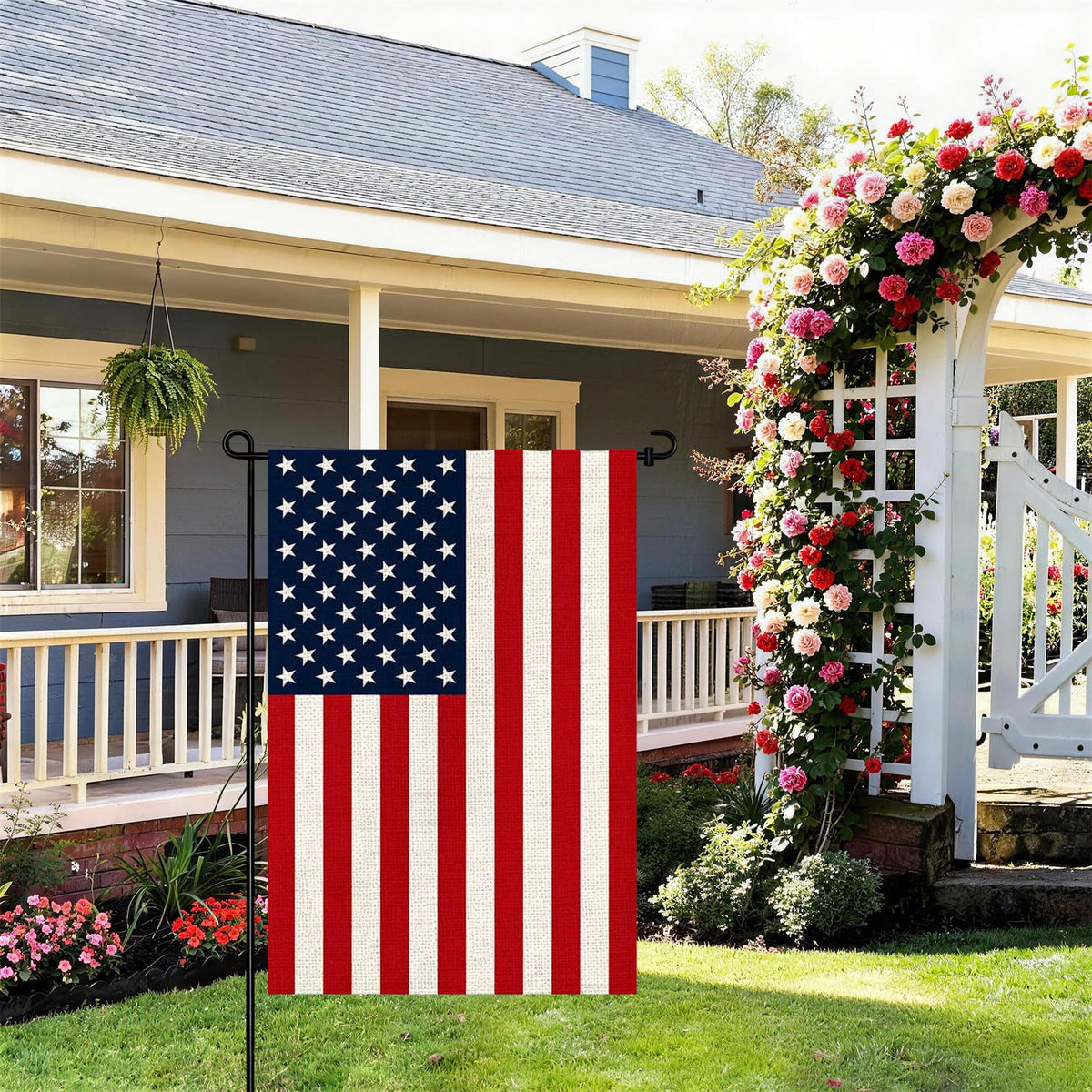 Pretty Jessie 12x18 flag fits most garden stands for quick setup.