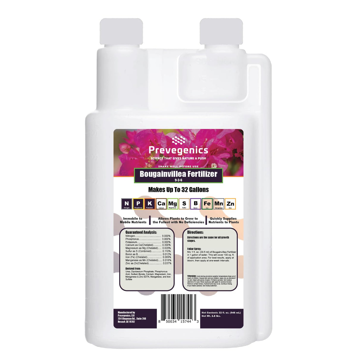 Prevegenics Bougainvillea liquid fertilizer bottle fuels vibrant blooms.