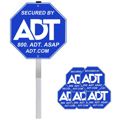 PreZiouz ADT security sign in a bright blue-white yard design for high visibility deterring intruders