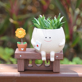 Pricetail Smiley Face Planter on rustic bench brightens desks and shelves