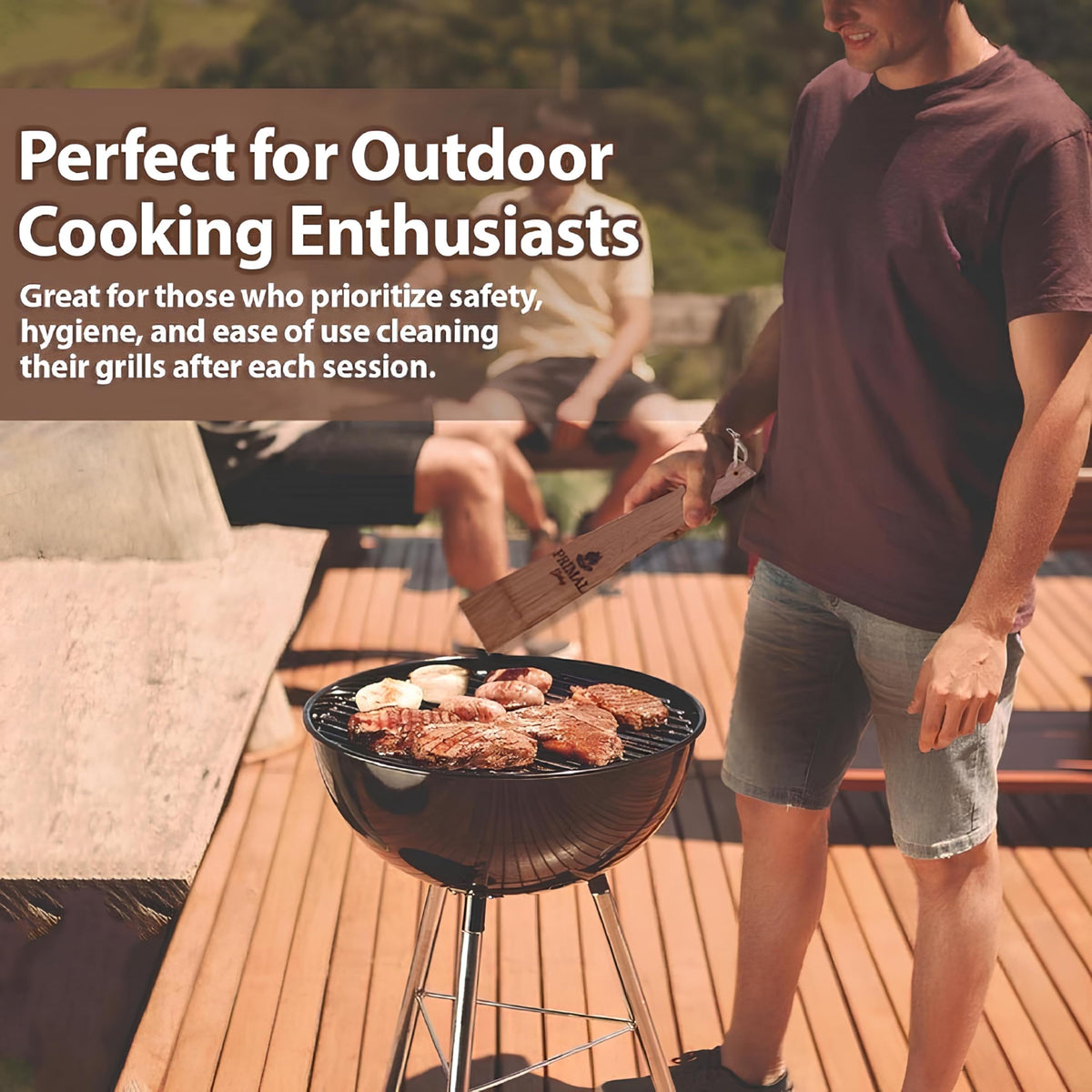 Primal Grilling cedar scraper in use on hot grill surface