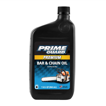 Prime Guard Bar & Chain Oil bottle closeup promoting durable lubrication and wear protection.