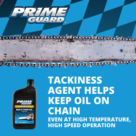 Prime Guard Bar & Chain Oil label highlighting corrosion and heat protection.