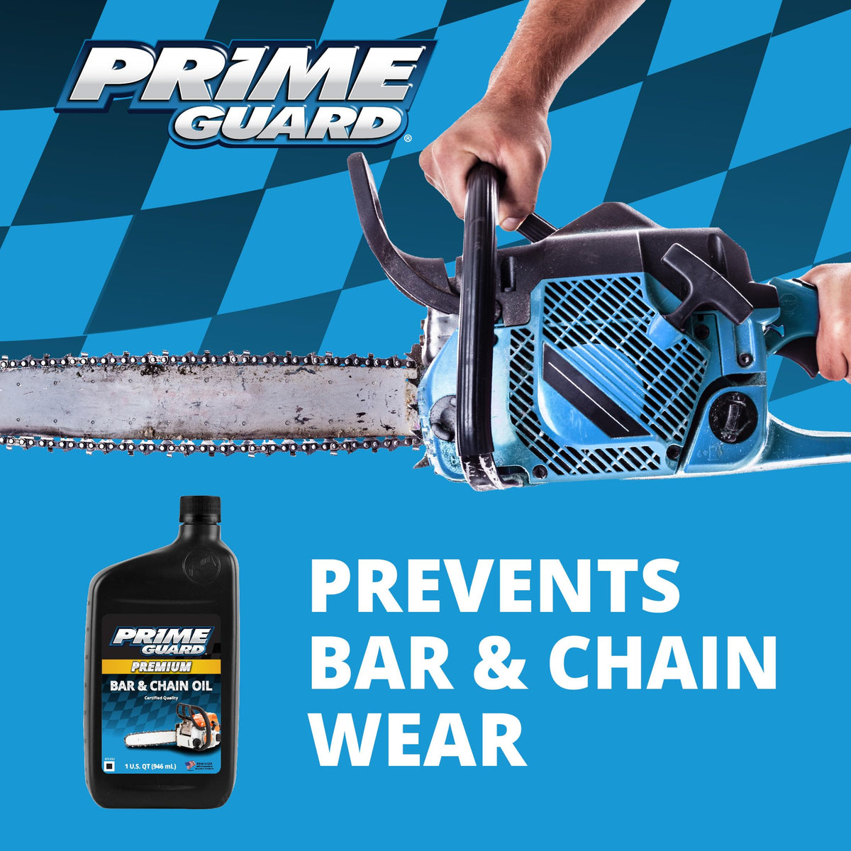 Prime Guard Bar & Chain Oil being poured for smooth chainsaw operation.