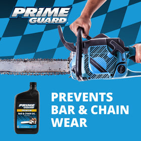 Prime Guard Bar & Chain Oil being poured for smooth chainsaw operation.