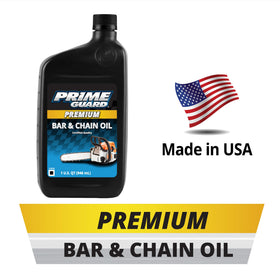 Prime Guard Bar & Chain Oil in a workshop setup for maintenance tasks.