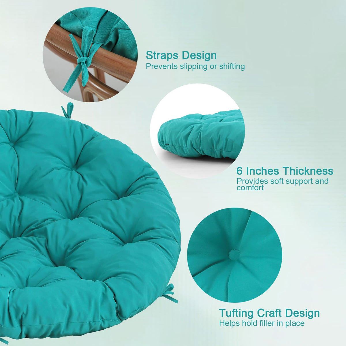 PrimePATIO 45-inch round cushion fits most papasan chairs for versatile indoor-outdoor lounging.