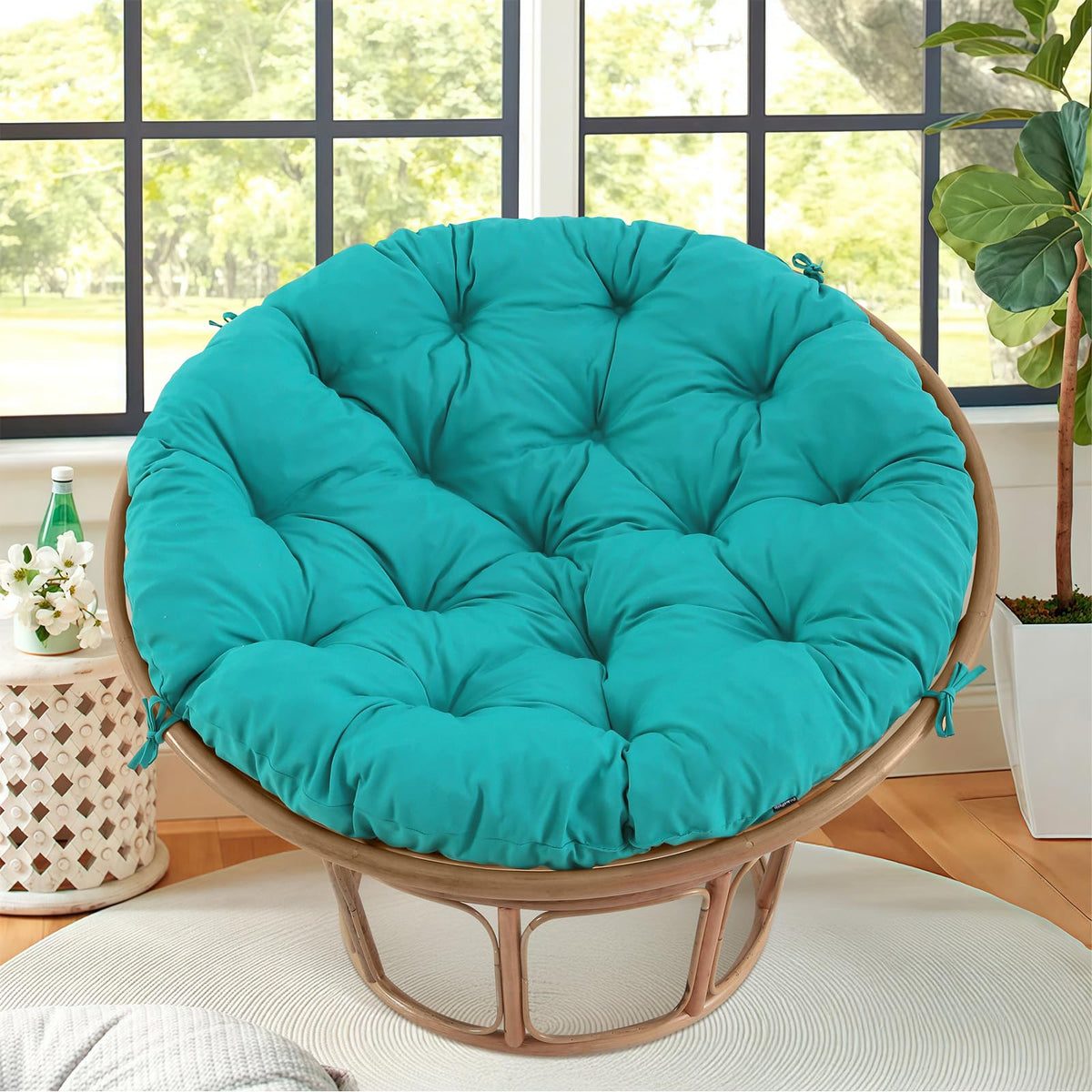 PrimePATIO Papasan cushion with shredded foam fill for plush support.