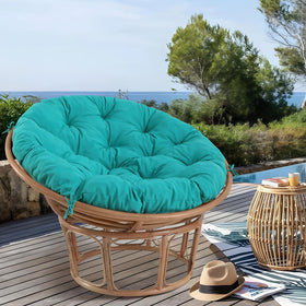 PrimePATIO round cushion with waterproof fabric resists moisture for outdoor use.