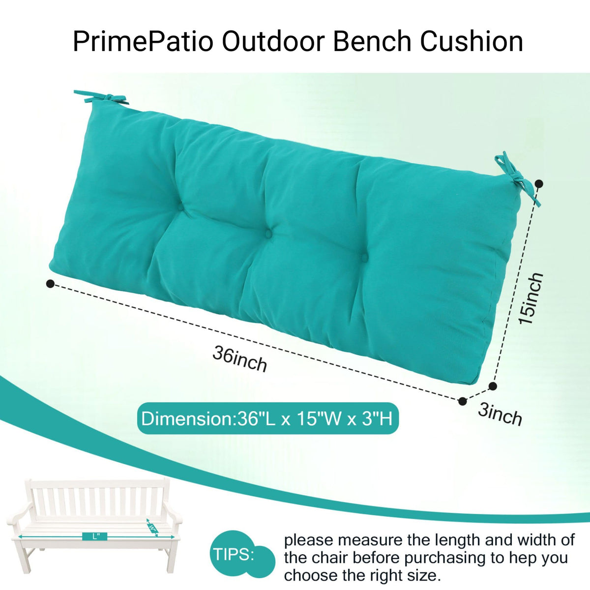 PrimePATIO easy-clean blue bench cushion for quick upkeep.