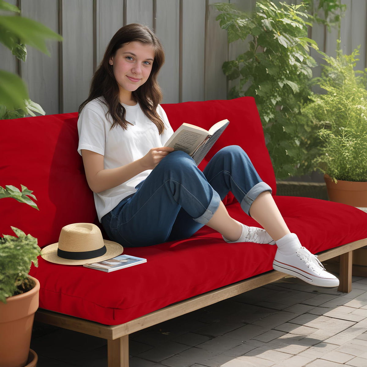 PrimePATIO red cushion in rainy outdoor setting.