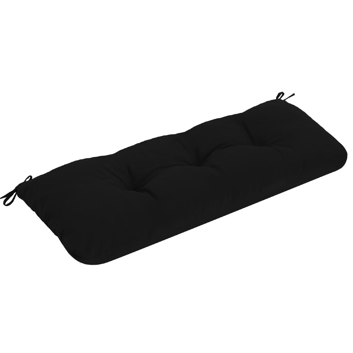 PRIMEPATIO outdoor bench cushion front view in black, tufted and water-resistant.