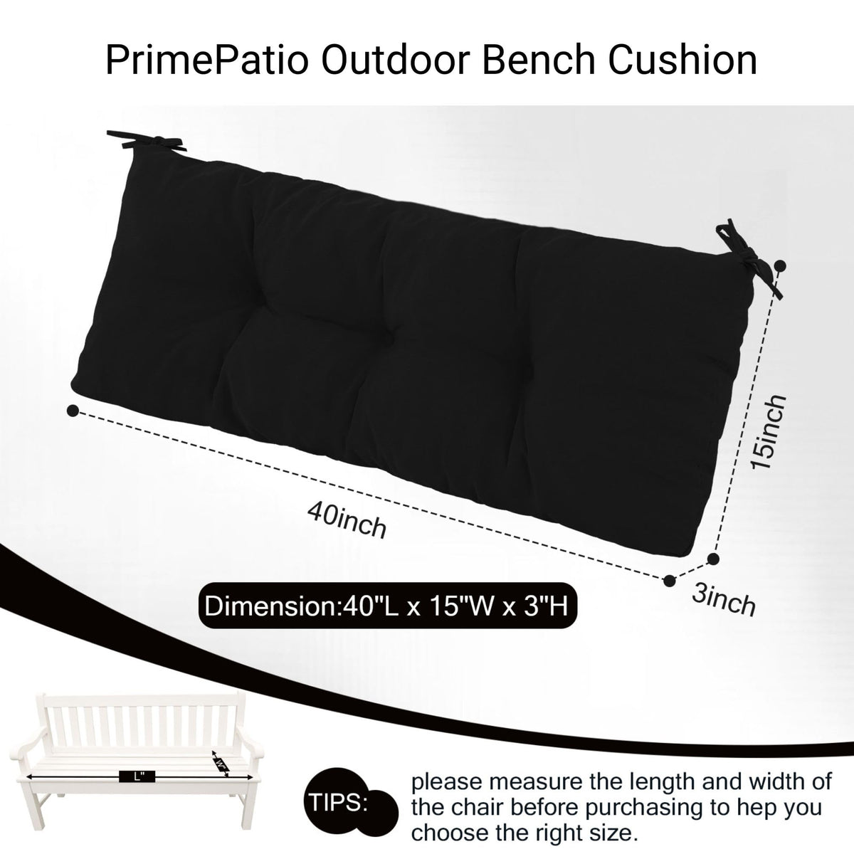 PRIMEPATIO 40x15x3 inch size shown on a spacious bench.